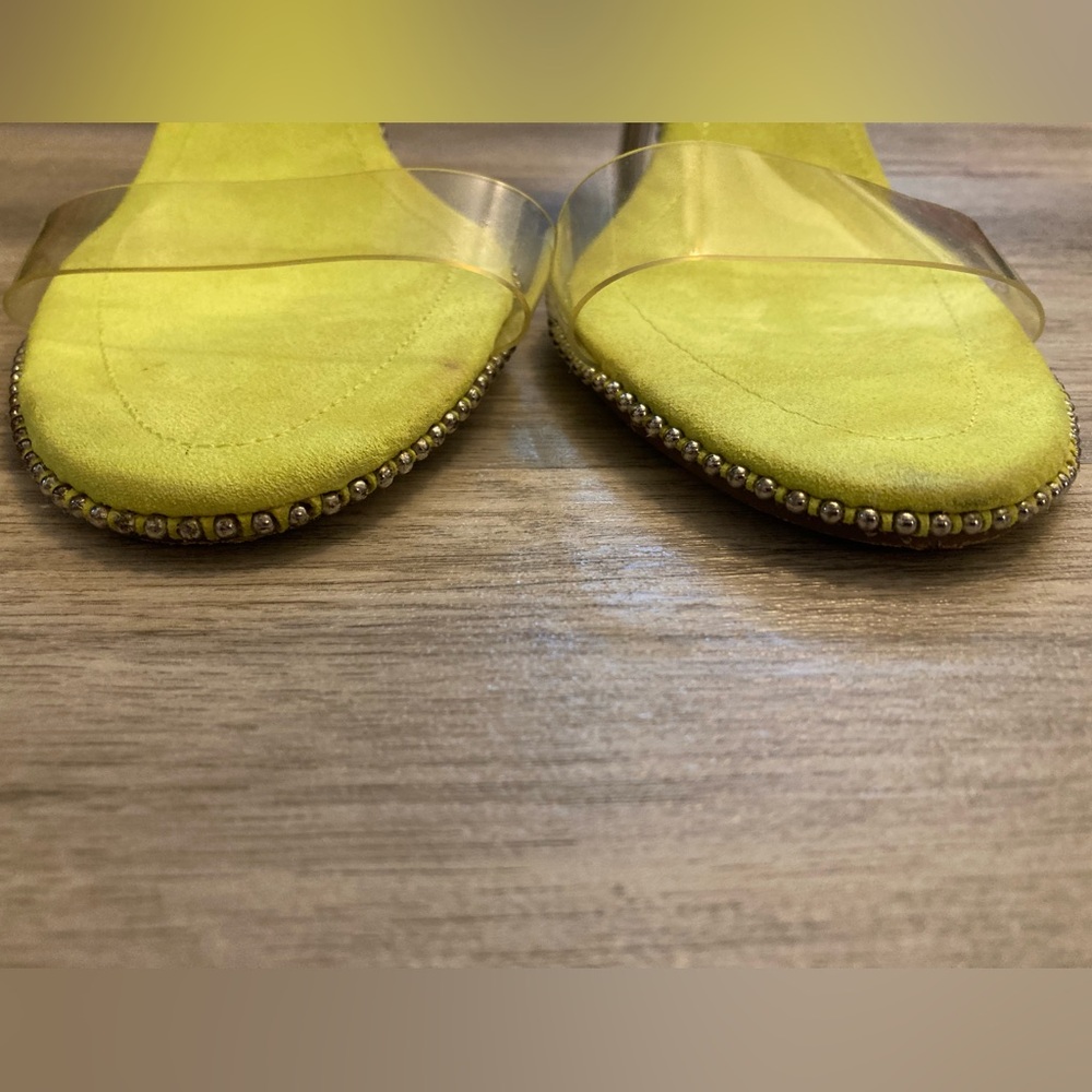 Fashion Nova Neon Yellow Green Heels Silver Studs Clear Adjustable Straps 8.5 - Picture 11 of 16
